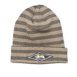 Stussy Tan and Brown Striped Beanie